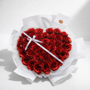 ハート形 レッドローズ! ラメ入り花束 15本 グリッター赤ローズブーケ