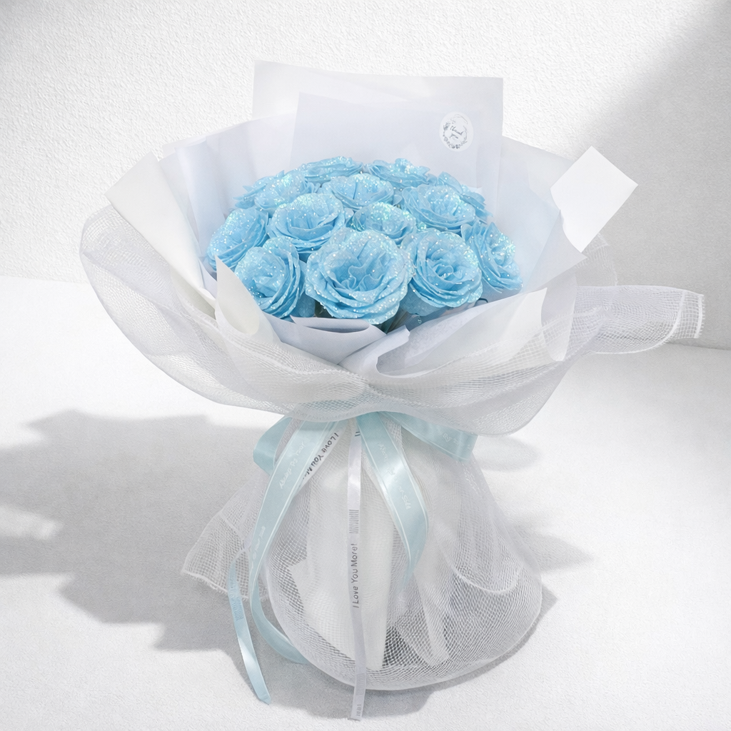 薄い青ローズ! ラメ入り花束 15本 グリッターライトブルーローズブーケ