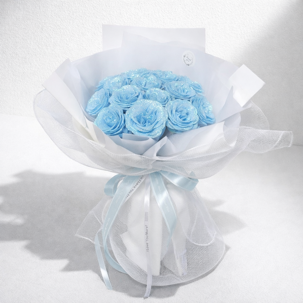 薄い青ローズ! ラメ入り花束 15本 グリッターライトブルーローズブーケ